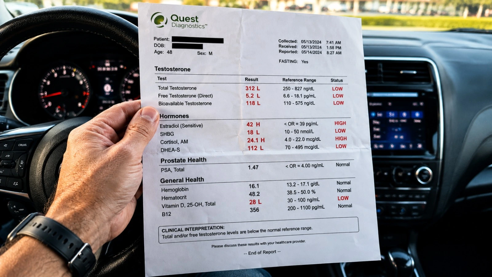 Man reading Quest Diagnostics bloodwork results in his truck