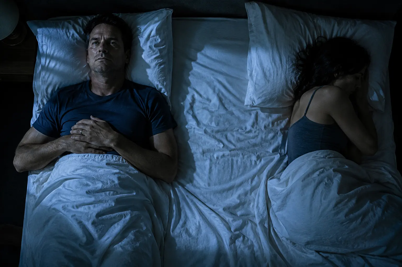 Man lying in bed staring at the ceiling while wife turns away in silence