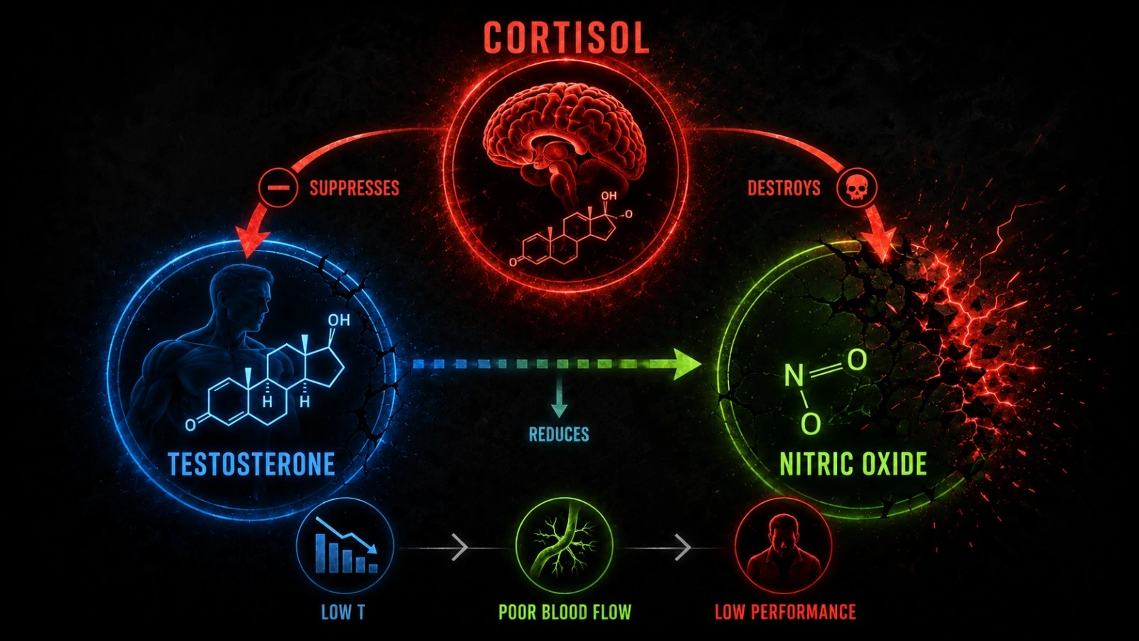 Diagram showing the three broken systems — cortisol, aromatase and nitric oxide — and how they feed each other